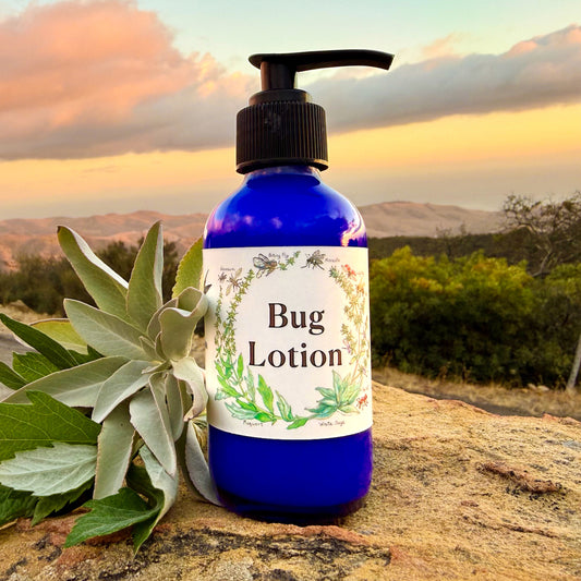 Photograph of Bug lotion 4 oz cobalt blue jar with hand-drawn California mugwort and white sage label