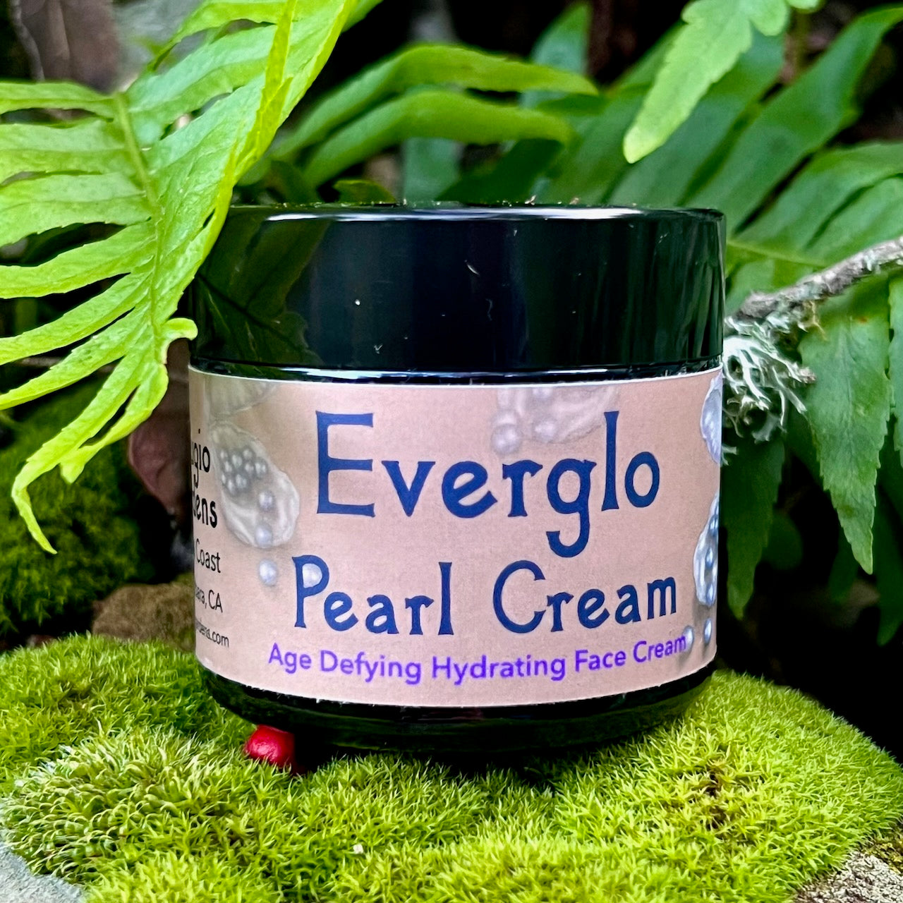 photograph of Everglo Pearl Cream Jar on moss with ferns in background