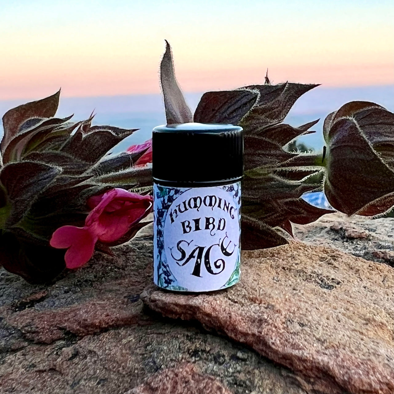 Photograph of Hummingbird Sage Essential oil in 2.3 ml cobalt blue glass bottle on a rock with Hummingbird Sage flower
