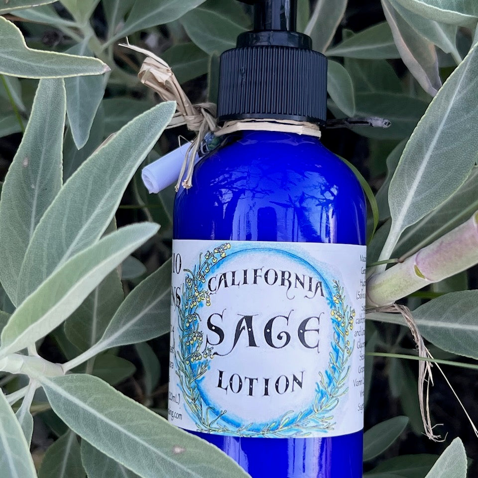 photograph of california sage lotion bottle and white sage leaves