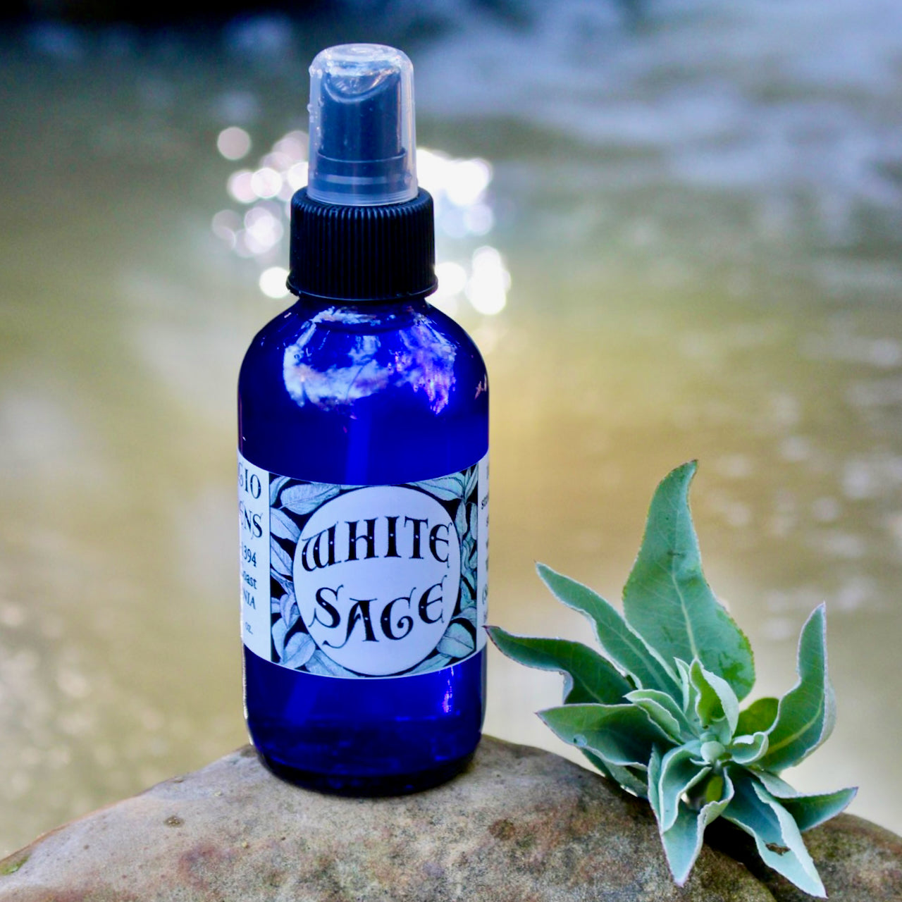 Photograph of a 4 oz cobalt blue glass spray bottle filled with White Sage hydrosol on rock with white sage leaves