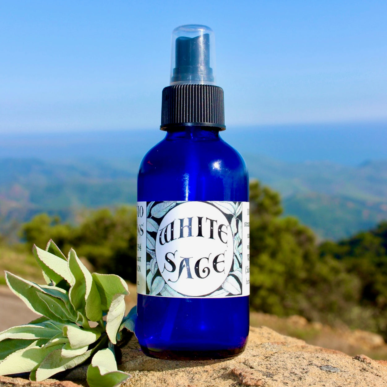 Photograph of a 4 oz cobalt blue glass spray bottle filled with White Sage hydrosol on rock with white sage leaves