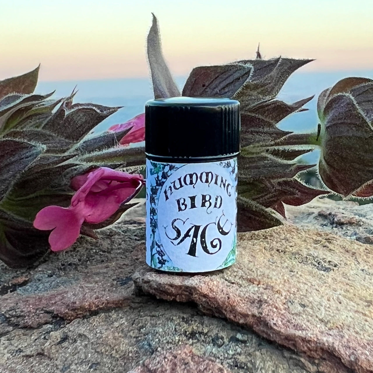 Photograph of Hummingbird Sage Essential oil in 2.3 ml cobalt blue glass bottle on a rock with Hummingbird Sage flower