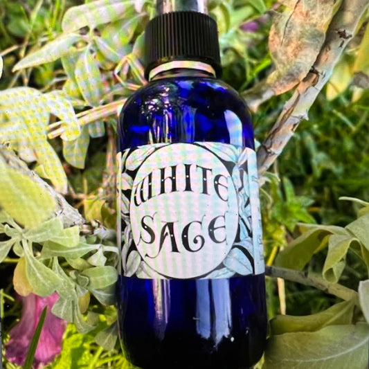 Photograph of a 4 oz cobalt blue glass spray bottle filled with White Sage hydrosol sitting on white sage