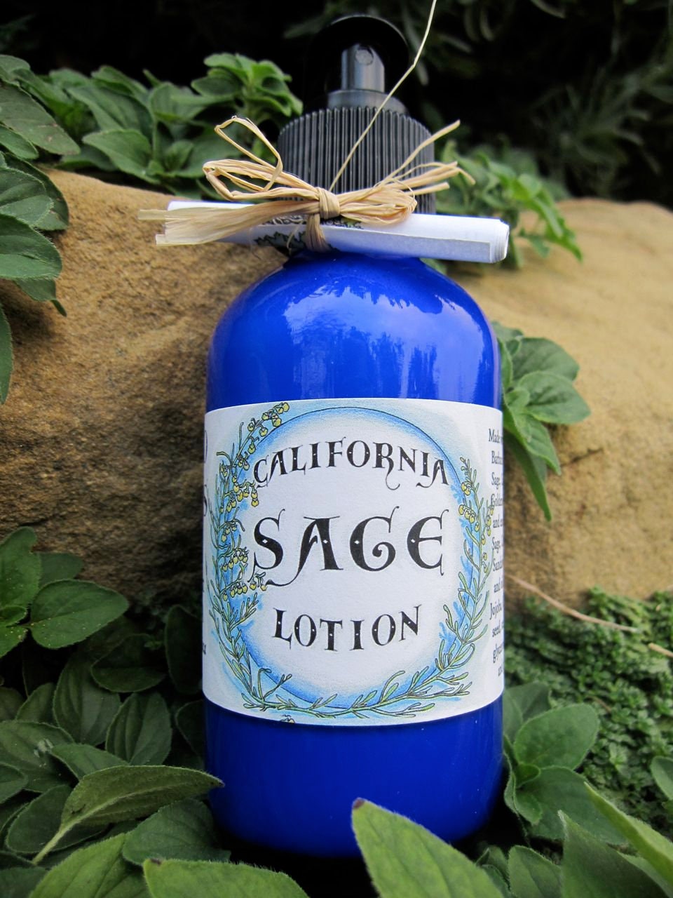 Photograph of 4 oz cobalt blue california sage lotion